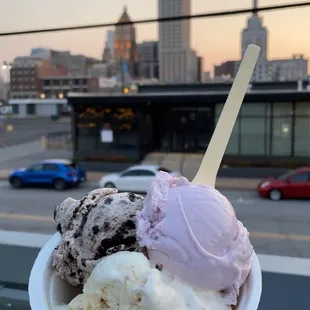 Lavender honey, cookies n&apos; cream, banana pudding with a view of Downtown Tulsa from the rooftop!