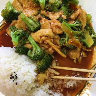 Broccoli chicken in garlic sauce. Ask for it extra spicy! Yum!
