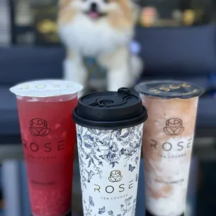 Strawberry Heaven: Jasmine w/ strawberries ($6.25), Da Hong Pa Oolong MT ($6), Seasonal Peach Cloud: Peach Smoothie w/ cheese foam ($7.99)