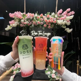 Strawberry matcha latte, summer melon, tie guan yin oolong milk tea