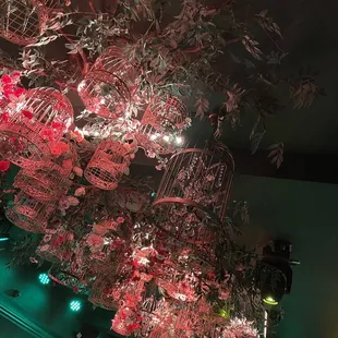 a birdcage hanging from the ceiling