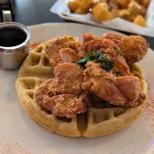 Kerala spiced fried chicken and green chili waffles