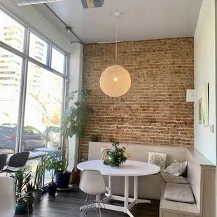 a white table and chairs