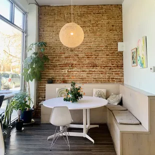 a white table and chairs