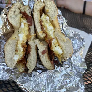 Egg and Bacon Sandwich on everything bagel