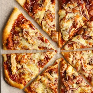 a pizza cut into eight slices