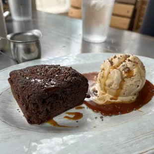 Brownie, coffee ice cream, caramel sauce