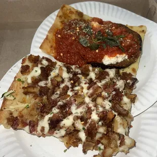 Grandma's Eggplant Pizza Slice and Chicken Bacon Ranch Rosellas Grandma Pizza