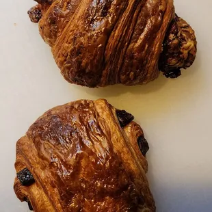 Ham &amp; Cheese Croissant ($5.50) and Pain au Chocolat ($4.75), a bit burnished (12/24/22)