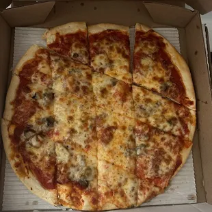 Pepperoni and mushroom on thin crust.