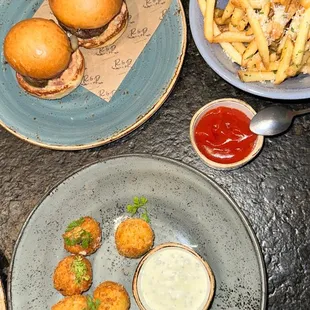 Sliders, Cod Croquettes, Garlic Fries