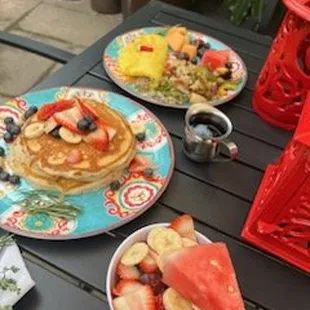 pancakes, fruit, and tea