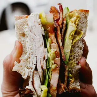 a person holding a sandwich