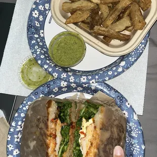 Delivery version: The Pickford Chicken Panini Sandwich, french fries and green goddess sauce (tastes like pesto, really good!)