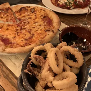 Calamari (for my salad), cheese pizza, chicken parm