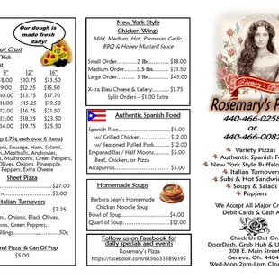 Our delicious menu!Call us at 440-466-0258 Wed -Mon 2pm-8pm. Closed Tues.