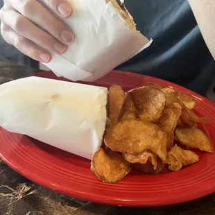 Wraps are made with homemade wraps and the chips are homemade.  You can opt for soup or salad instead of chips, no up charge.