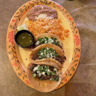 Carne asada street tacos.  Almost as good as food truck tacos.  This is my go to when I am here.