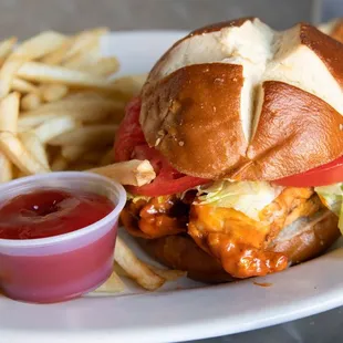 Firebird: chicken tenders on pretzel bun