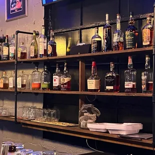 shelves of liquor bottles and glasses