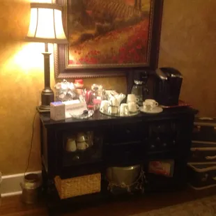 The coffee bar area outside the second-floor guest rooms