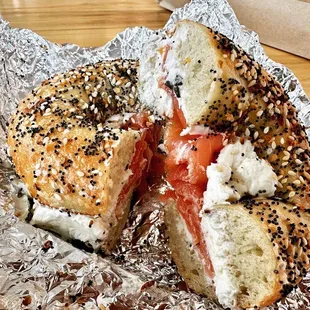 a bagel with salmon and cheese