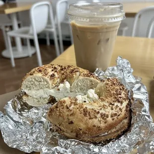 Onion Bagel w/ Schmear + Brown sugar spice iced latte