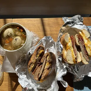 2 Balls Matzo Soup, The Frenchie bagel, The Heart Attack bagel