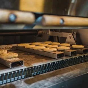 a tray of doughnuts on a conveyor belt