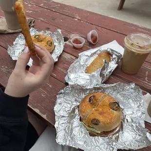 bagels and hash browns and coffee