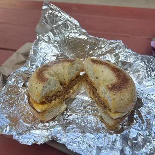 Rosemary bagel with chorizo egg and cheese