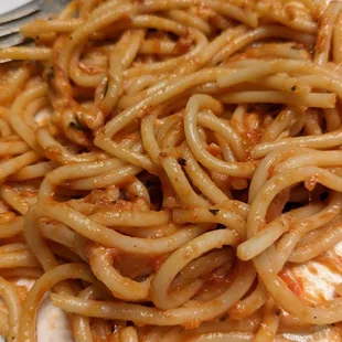 a plate of spaghetti and meat