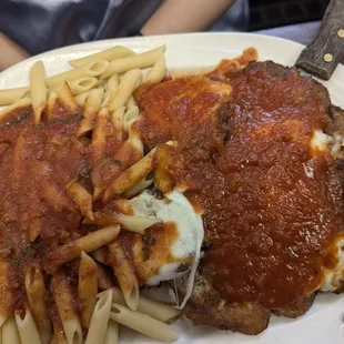 Chicken Parm and eggplant with pasta