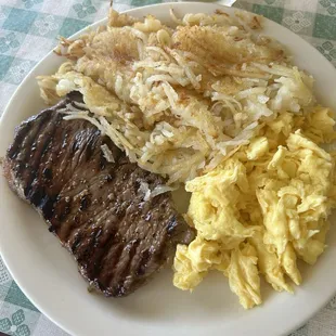 Steak eggs hash browns
