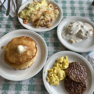 Pancakes, house omelette, biscuits and gravy. Side order of eggs and sausage.