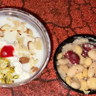 Left: pudding (mihalaya). Right: bean salad.