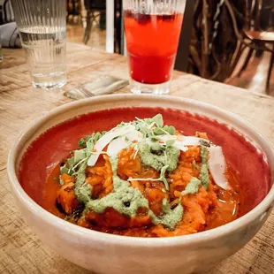 SQUASH PASTA Pesto, fennel, herbs, tomato sauce, charred oil, pecorino