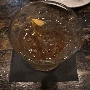 Barrel, aged, big, easy, watershed, bourbon, B &amp; B, sweet vermouth , black, walnut, bitters, twist