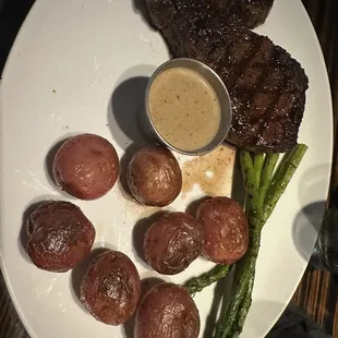 Delmonico Ribeye, red potatoes, asparagus