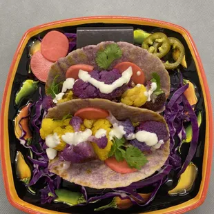 Vegetarian Tacos in homemade Ube corn-flour tortillas.