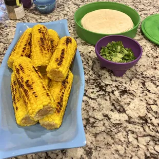 Charred corn waiting for Rosey's Elote 2.0 sauce