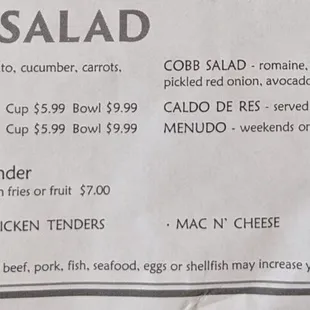 Rosi's soup &amp; salad and kid's menus 220708