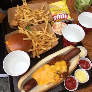 Cheese burger, Chicken Nuggets and Chili Hotdog