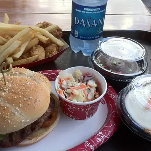 Number 1 - angus onion cheese burger &amp; number 2 - 8 chicken nuggets w/ fries &amp; chocolate fudge cake &amp; carrot cake