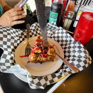 Bread pudding and raspberry drizzle