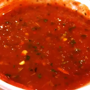 Close Up of Rosie's Freshly Homemade Salsa; Medium Spicy and Very Flavorful. You want to order some!