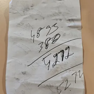 Back side of our bill that we were given. On the reverse side were scrimbles that we couldn't read so we had no idea if correct. June 2023