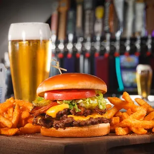 a cheeseburger and fries