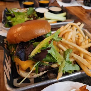 a cheeseburger and fries