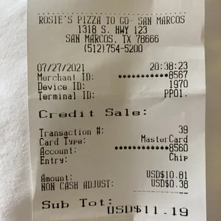 Got a lg 2 topping pizza and a 2L soda, so cheap! Did see an unmentioned 3.5% surcharge on my receipt for not paying cash.
